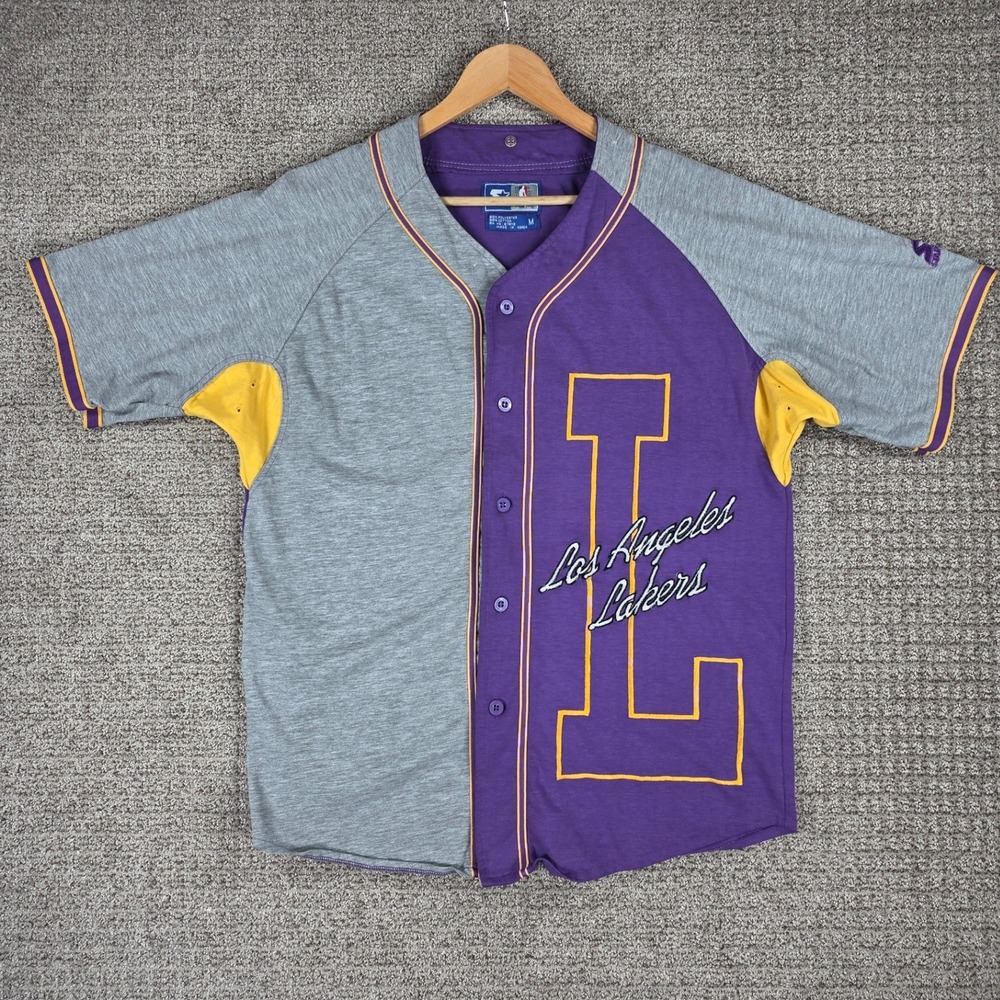 Vintage Starter Los Angeles Lakers NBA Baseball Jersey Mens Medium Purple Grey - Picture 1 of 7